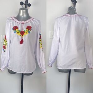 Traditional Ukrainian embroidered white blouse red tassels vyshyvanka size L